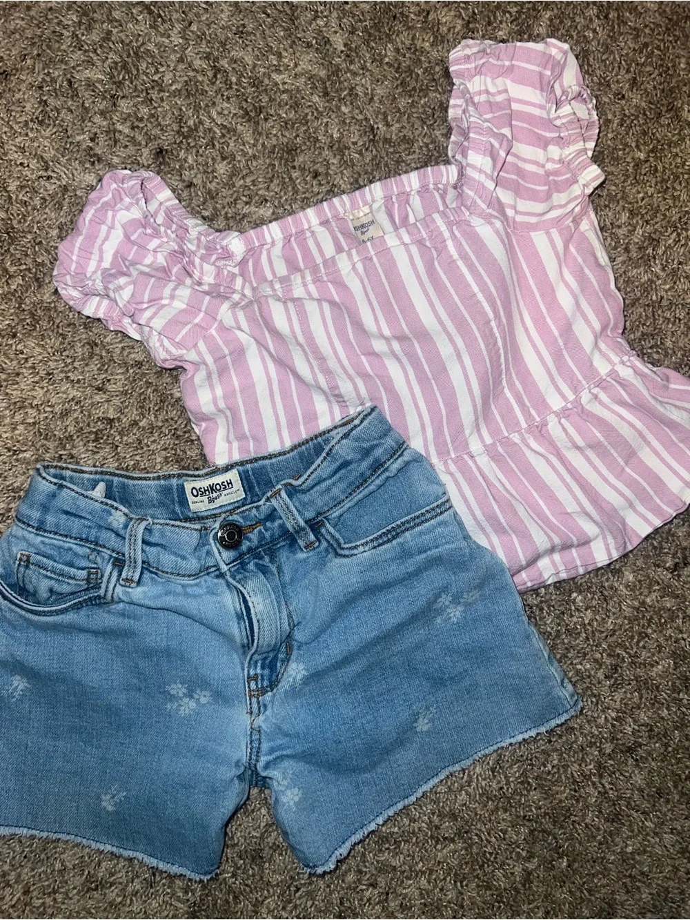 OshKosh B'gosh Pink Striped Ruffle Sleeve Top Denim Shorts Bundle Girls 6